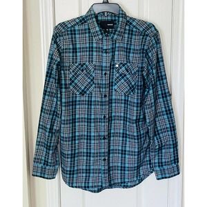 Men’s Hurley 100% Polyester Long Sleeve‎ Button Down Blue Plaid Shirt Medium